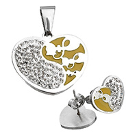 Rhinestone Stainless Steel Jewelry Set, pendant & earring, with Rhinestone Clay Pave, Heart, enamel, yellow, 25x22x3mm, 16x13x14mm, Hole:Approx 4x8mm, Sold By Set
