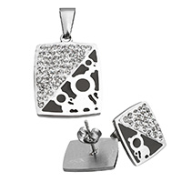 Rhinestone Stainless Steel Jewelry Set, pendant & earring, with Rhinestone Clay Pave, Rectangle, enamel, black, 20.5x28x2.5mm, 13x16x14mm, Hole:Approx 4.5x8mm, Sold By Set