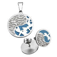 Rhinestone Stainless Steel Jewelry Set, pendant & earring, with Rhinestone Clay Pave, Flat Round, enamel, blue, 25x28x3mm, 16x13.5mm, Hole:Approx 4.5x8.5mm, Sold By Set