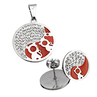 Rhinestone Stainless Steel Jewelry Set, pendant & earring, with Rhinestone Clay Pave, Flat Round, enamel, red, 25x28x3mm, 16x14.5mm, Hole:Approx 4.5x9mm, Sold By Set