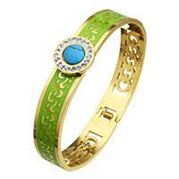 Stainless Steel Bangle with Rhinestone Clay Pave & Resin gold color plated imitation turquoise & for woman & enamel & hollow green  Inner Approx Length Approx 7.5 Inch Sold By PC