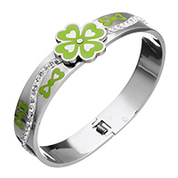 Stainless Steel Bangle, with Rhinestone Clay Pave, Four Leaf Clover, for woman & enamel, green, 18.5x18.5x5mm, 11x3mm, Inner Diameter:Approx 59x48mm, Length:Approx 7.5 Inch, Sold By PC