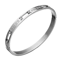 Stainless Steel Bangle, with roman number & for woman & with rhinestone, original color, 6x2mm, Inner Diameter:Approx 61x51.5mm, Length:Approx 8 Inch, Sold By PC