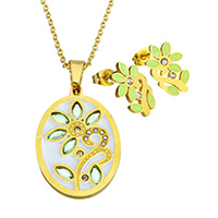 Rhinestone Stainless Steel Jewelry Set, earring & necklace, with Crystal, Flower, gold color plated, oval chain & enamel & with rhinestone, 24x35x2.5mm, 2.5x2x0.5mm, 10x15.5x14mm, Length:Approx 20 Inch, Sold By Set