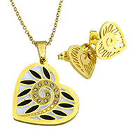 Rhinestone Stainless Steel Jewelry Set, earring & necklace, Heart, gold color plated, oval chain & enamel & with rhinestone & hollow, 29.5x33x2mm, 2.5x2x0.5mm, 16x14.5x14mm, Length:Approx 20 Inch, Sold By Set