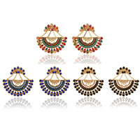 Zinc Alloy Split Earring with plastic earnut & Glass Seed Beads stainless steel post pin Fan gold color plated detachable & with rhinestone lead & cadmium free Sold By Pair