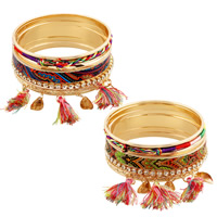 Tibetan Style Bangle Set, with glitter leather & Nylon Cord & Wool, Tassel, gold color plated, with rhinestone & multi-strand, multi-colored, lead & cadmium free, 71mm, Inner Diameter:Approx 65mm, Length:Approx 8 Inch, Sold By Set