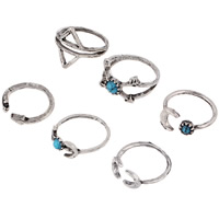 Tibetan Style Ring Set, with Turquoise, antique silver color plated, lead & cadmium free, 13-16mm, US Ring Size:1.5-6, 6PCs/Set, Sold By Set