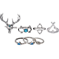 Tibetan Style Ring Set, with Turquoise, Deer, antique silver color plated, enamel, lead & cadmium free, 13-16mm, US Ring Size:1.5-6, 7PCs/Set, Sold By Set