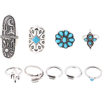 Tibetan Style Ring Set, with Turquoise & Resin, antique silver color plated, lead & cadmium free, 13-16mm, US Ring Size:1.5-6, 9PCs/Set, Sold By Set