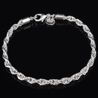 Brass Bracelet, real silver plated, rope chain, lead & cadmium free, 4mm, Sold Per Approx 8 Inch Strand
