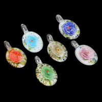 Inner Flower Lampwork Pendants, Oval, mixed colors, 25x44x13mm, Hole:Approx 6mm, 12PCs/Box, Sold By Box