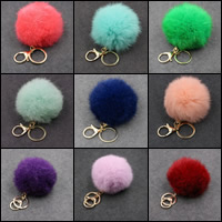 Fur Ball Pom Pom Nøglering, Zinc Alloy, med Kanin Hair, guldfarve belagt, flere farver til valg, nikkel, bly & cadmium fri, 80mm, Solgt af PC