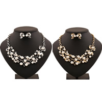 Zinc Alloy Jewelry Sets earring & necklace with ABS Plastic Pearl stainless steel post pin Leaf plated with rhinestone lead & cadmium free  Length Approx 17.5 Inch Sold By Set
