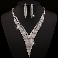 Rhinestone Jewelry Sets earring & necklace Zinc Alloy brass earring clip with 10cm extender chain platinum color plated with rhinestone lead & cadmium free 75mm Length Approx 19 Inch Sold By Set