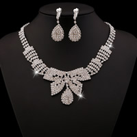 Rhinestone Jewelry Sets earring & necklace Zinc Alloy brass earring clip with 17cm extender chain Bowknot platinum color plated with rhinestone lead & cadmium free 50mm Length Approx 12 Inch Sold By Set