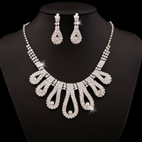 Rhinestone Jewelry Sets earring & necklace Zinc Alloy brass earring clip with 10cm extender chain Teardrop platinum color plated with rhinestone lead & cadmium free Length Approx 20.5 Inch Sold By Set