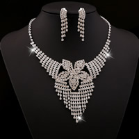 Rhinestone Jewelry Sets earring & necklace Zinc Alloy brass earring clip with 14.5cm extender chain Flower platinum color plated with rhinestone lead & cadmium free 90mm Length Approx 13 Inch Sold By Set