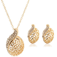Zinc Alloy Jewelry Sets earring & necklace with iron chain stainless steel post pin with 5cm extender chain Leaf gold color plated oval chain & with rhinestone & hollow lead & cadmium free  Length Approx 17.5 Inch Sold By Set