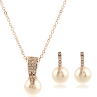 Tibetan Style Jewelry Sets, earring & necklace, with ABS Plastic Pearl & iron chain, stainless steel post pin, with 7cm extender chain, Round, gold color plated, oval chain & with rhinestone, lead & cadmium free, 15x10mm, 20x10mm, Length:Approx 16.5 Inch, Sold By Set