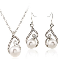Zinc Alloy Jewelry Sets earring & necklace with ABS Plastic Pearl & iron chain brass earring hook with 5cm extender chain platinum color plated oval chain & with rhinestone lead & cadmium free  Length Approx 17.5 Inch Sold By Set