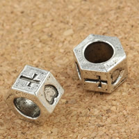 Tibetan Style European Beads, Hexagon, antique silver color plated, without troll, lead & cadmium free, 6x8mm, Hole:Approx 5mm, 30PCs/Bag, Sold By Bag