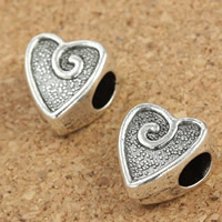 Tibetan Style European Beads Setting, Heart, antique silver color plated, without troll, lead & cadmium free, 7x11mm, Hole:Approx 5mm, 30PCs/Bag, Sold By Bag