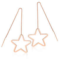 Stainless Steel Thread Through Earrings, Star, rose gold color plated, for woman, 25mm, Sold By Pair