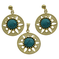Turquoise Jewelry Sets, pendant & earring, Stainless Steel, Flat Round, gold color plated, 19x22x4mm, Hole:Approx 3x4mm, 5Sets/Bag, Sold By Bag