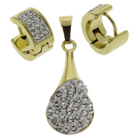 Rhinestone Jewelry Sets, pendant & earring, Stainless Steel, with Rhinestone Clay Pave, gold color plated, 7x12x13mm, 11x25x5mm, Hole:Approx 3x4mm, 5Sets/Bag, Sold By Bag