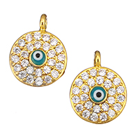 Evil Eye Pendants, Brass, Flat Round, real gold plated, evil eye pattern & micro pave cubic zirconia & enamel, nickel, lead & cadmium free, 10x13x4mm, Hole:Approx 1.5mm, 10PCs/Lot, Sold By Lot