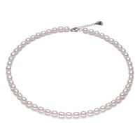Freshwater Pearl Brass Necklace, brass lobster clasp, with 4cm extender chain, Rice, platinum color plated, natural & different size for choice, white, 6-7mm, Sold Per Approx 17.5 Inch Strand