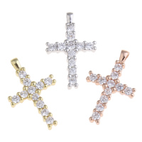 Cubic Zirconia Micro Pave Brass Pendant, Cross, plated, micro pave cubic zirconia, more colors for choice, nickel, lead & cadmium free, 23x13x3mm, Hole:Approx 2.5x1mm, Sold By PC