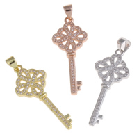 Cubic Zirconia Micro Pave Brass Pendant, Key, plated, micro pave cubic zirconia, more colors for choice, nickel, lead & cadmium free, 13x32x3mm, Hole:Approx 3x4mm, Sold By PC