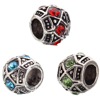 Tibetan Style European Beads, Drum, antique silver color plated, without troll & with rhinestone, mixed colors, lead & cadmium free, 11x9mm, Hole:Approx 5mm, 10PCs/Bag, Sold By Bag