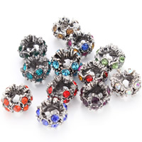 Tibetan Style European Beads, Rondelle, antique silver color plated, without troll & with rhinestone, mixed colors, lead & cadmium free, 12.5mm, Hole:Approx 5mm, 10PCs/Bag, Sold By Bag
