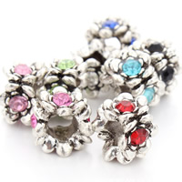 Tibetan Style European Beads, Flower, antique silver color plated, without troll & with rhinestone, mixed colors, lead & cadmium free, 15mm, Hole:Approx 5mm, 10PCs/Bag, Sold By Bag