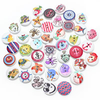 Wood 2-Hole Button, Flat Round, printing, ocean design & mixed pattern & with painted, 20mm, Hole:Approx 1.5mm, 50PCs/Bag, Sold By Bag
