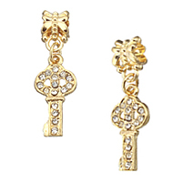 European Style Zinc Alloy Dangle Beads Key gold color plated without troll & with rhinestone nickel lead & cadmium free 32mm Approx 5mm Sold By Lot