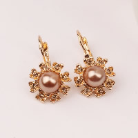 Zinc Alloy Drop Earrings with Plastic Pearl brass earring lever back clip gold color plated for woman & with rhinestone Sold By Pair