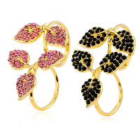 Tibetan Style Double Finger Ring, Leaf, gold color plated, open & adjustable & for woman & with rhinestone, more colors for choice, US Ring Size:7, 3PCs/Lot, Sold By Lot