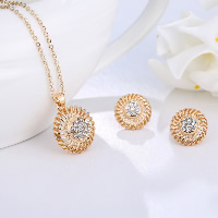 Tibetan Style Jewelry Sets, earring & necklace, brass post pin, with 1.9lcnh extender chain, Flat Round, gold color plated, oval chain & for woman & with rhinestone & hollow, nickel, lead & cadmium free, 18mm, 15mm, Length:Approx 15.7 Inch, 3Sets/Lot, Sold By Lot