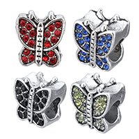 Tibetan Style European Beads, Butterfly, antique silver color plated, with rhinestone, more colors for choice, nickel, lead & cadmium free, 11x12x8mm, Hole:Approx 6mm, 100PCs/Lot, Sold By Lot