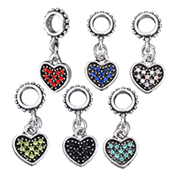 European Style Zinc Alloy Dangle Beads Heart antique silver color plated without troll & with rhinestone nickel lead & cadmium free 22mm Approx 4.5mm Sold By Lot