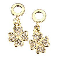 European Style Zinc Alloy Dangle Beads Four Leaf Clover gold color plated without troll & with rhinestone nickel lead & cadmium free 27mm Approx 5mm Sold By Lot