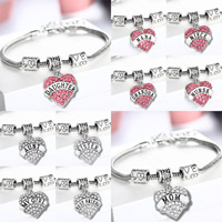 Zinc Alloy European Bracelet with brass chain with 2lnch extender chain Heart silver color plated charm bracelet & with letter pattern & with rhinestone & blacken nickel lead & cadmium free Length Approx 7 Inch Sold By Lot
