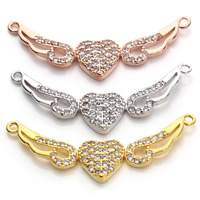 Cubic Zirconia Micro Pave Brass Connector, Winged Heart, plated, micro pave cubic zirconia & 1/1 loop, more colors for choice, nickel, lead & cadmium free, 8x32mm, Hole:Approx 2mm, 2PCs/Bag, Sold By Bag