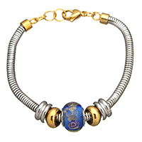 Stainless Steel Jewelry Bracelet, with Lampwork, plated, snake chain & for woman & two tone & gold sand, 10x14x14mm, 5x10x10mm, 4mm, Length:Approx 8 Inch, 5Strands/Lot, Sold By Lot