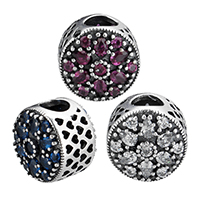 Thailand Sterling Silver European Bead, Flat Round, without troll & with cubic zirconia & hollow, more colors for choice, 12x11x10mm, Hole:Approx 4.5mm, Sold By PC