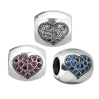 Thailand Sterling Silver European Bead, Drum, with heart pattern & micro pave cubic zirconia & without troll, more colors for choice, 9x8x8mm, Hole:Approx 4.5mm, Sold By PC